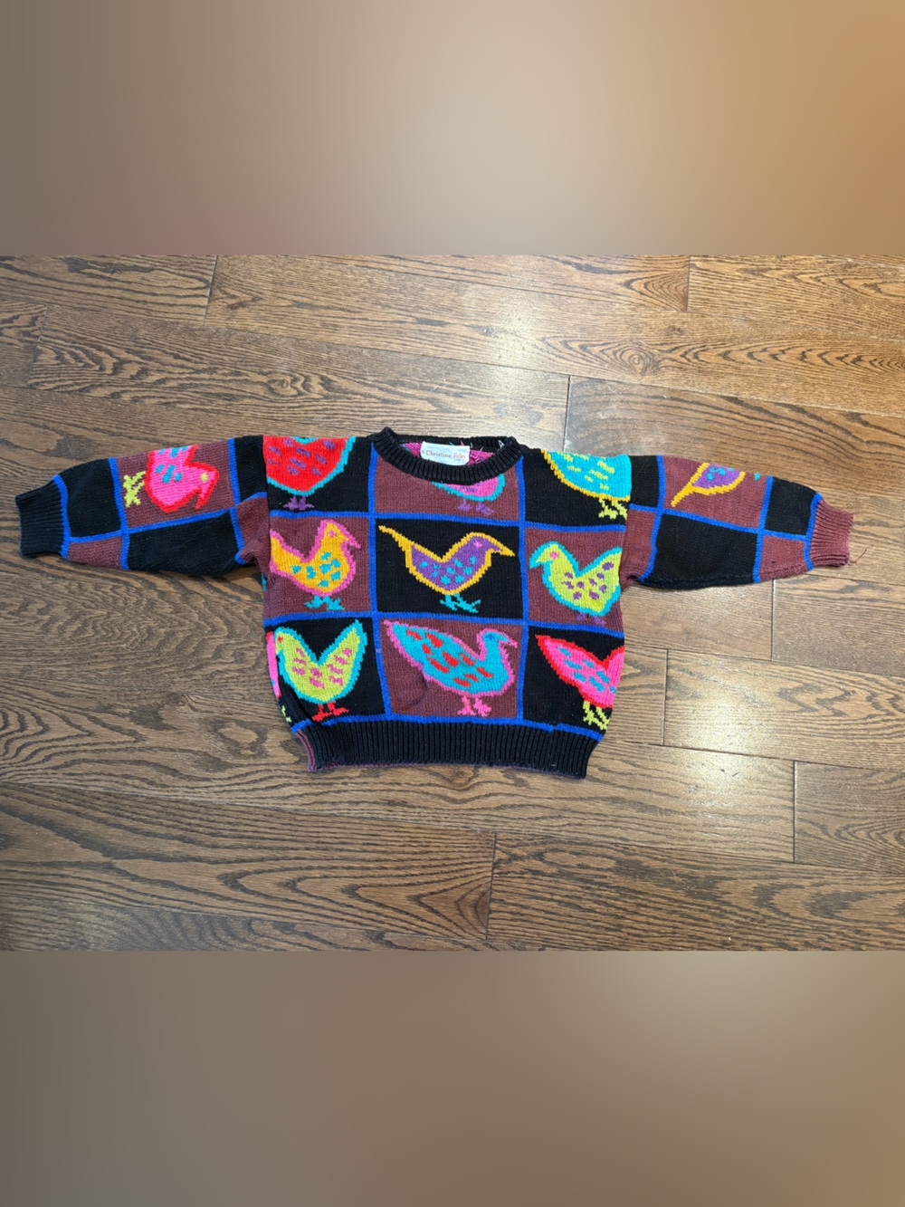 Vintage Christine Foley kids Colorful Bird-Print Knit Sweater — Black Multi 4/5
